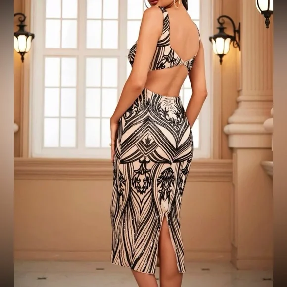 Luxe cutout slit thigh formal wedding party sequins dress - Picture 2 of 12